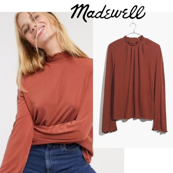 Madewell Rust Texture & Thread Ruffled Mockneck Long Sleeve Light Top XS - Picture 1 of 5